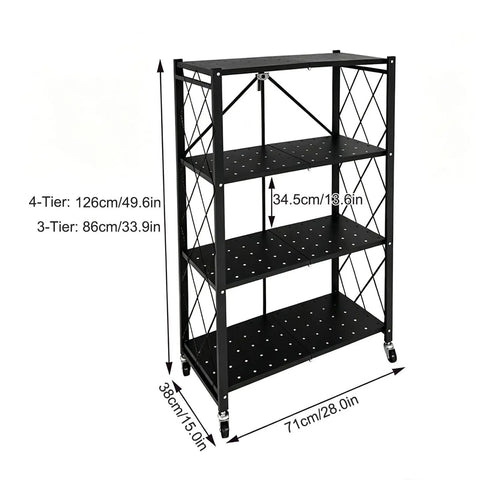 Portable Foldable Storage Shelves Freestanding Three Tier Kitchen Shelving Unit White with dimensions for easy reference.