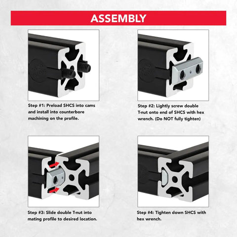 Assembly steps for 40 Series Aluminum Extrusion Hardware Premium M8 Double Anchor Cam Fasteners with T-nuts and cap screws.