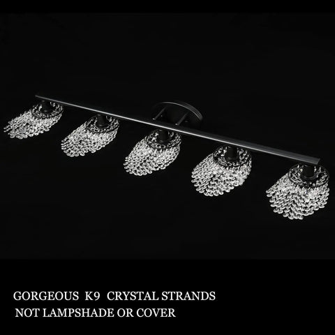 5 Light Crystal Black Vanity Light Fixture For Bathroom Over Mirror Modern Style With Crystal Drops shown in detail