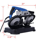Straight Shooter Portable Band Saw Featuring 1100 Watt Motor And 5 Inch Depth Cut For Boss Level Cuts Variable Speed Compact Unit profile view with dimensions.