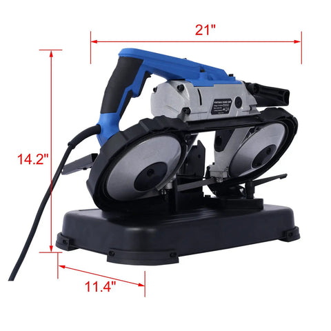 Straight Shooter Portable Band Saw Featuring 1100 Watt Motor And 5 Inch Depth Cut For Boss Level Cuts Variable Speed Compact Unit profile view with dimensions.
