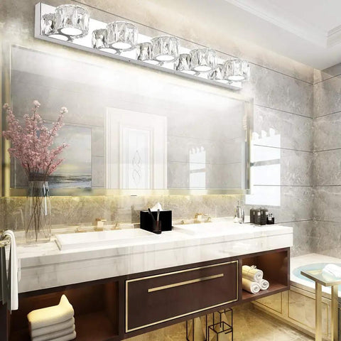 Five Light Crystal Vanity Lights for Bathroom Modern LED Wall Fixtures, 34.7 Inch Long, above mirror with 5500K glow