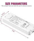 Dimensions of 50W Triac Dimmable LED Driver Power Supply From 120V AC To 24V DC Transformer with size parameters labeled