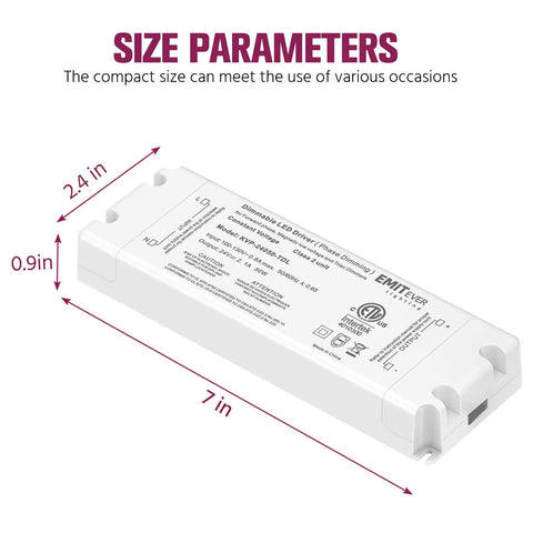 Dimensions of 50W Triac Dimmable LED Driver Power Supply From 120V AC To 24V DC Transformer with size parameters labeled