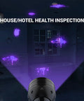 51 LED UV Black Light Flashlight detecting urine stains in hotel bathroom, highlighting health inspection uses