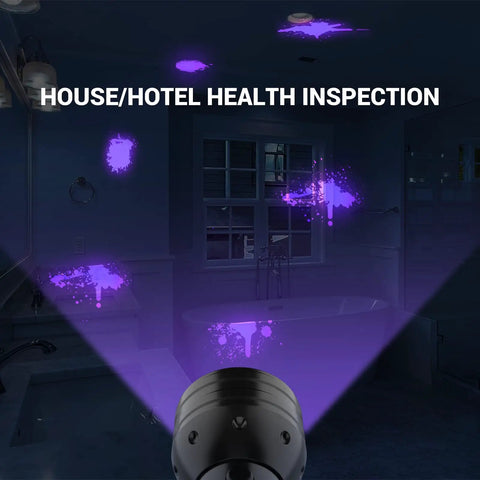 51 LED UV Black Light Flashlight detecting urine stains in hotel bathroom, highlighting health inspection uses