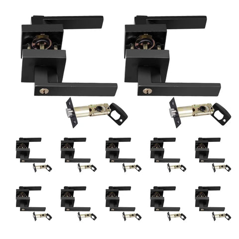 12 Piece Black Finish Passage Door Lever Set With Square Panel For Modern Interior Doors, Easy Grip Handles, Indoor Hardware Kit