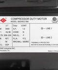 Front view of compressor duty motor nameplate showing 3.7 HP, 3450 RPM, 208–230V, 17.2A, 56 frame, single-phase EMZ