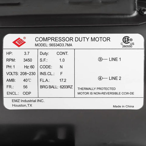 Front view of compressor duty motor nameplate showing 3.7 HP, 3450 RPM, 208–230V, 17.2A, 56 frame, single-phase EMZ