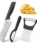 Amazon kitchen set: black P-type peeler, black-handled stainless crinkle cutter, and multi-prong veggie slicer