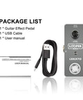 Guitar Looper Pedal With 5 Minute Loop Time Ultra Compact Aluminum Build Dope 24-Bit Uncompressed Audio shown with USB cable and manual