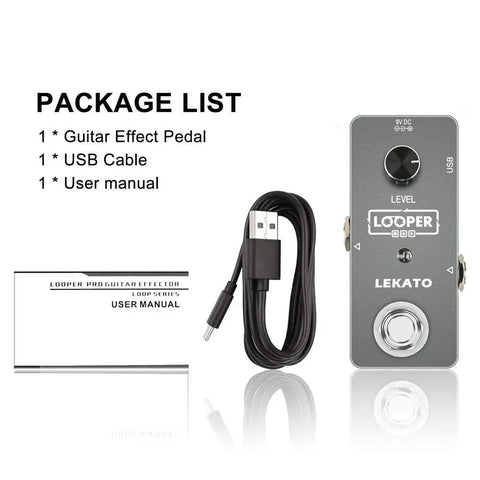 Guitar Looper Pedal With 5 Minute Loop Time Ultra Compact Aluminum Build Dope 24-Bit Uncompressed Audio shown with USB cable and manual