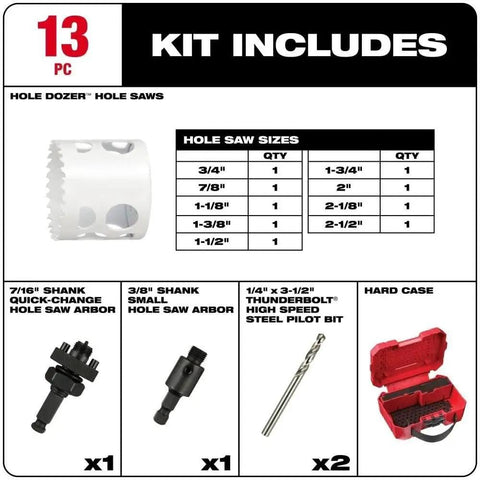 Ultimate 13 Piece Bi Metal Hole Saw Kit With Case For Milwaukee W/ Extra Arbors Pilot Bits 8 Cobalt Cryo Treated Heavy Duty For Steel Wood Fast Cutting. 13-piece kit includes hole saws, arbors, pilot bits, and red hard case.
