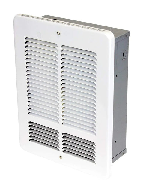 Quiet Forced Air Wall Heater 1000W 120V White with aluminum fan mount for garage and barn heating.