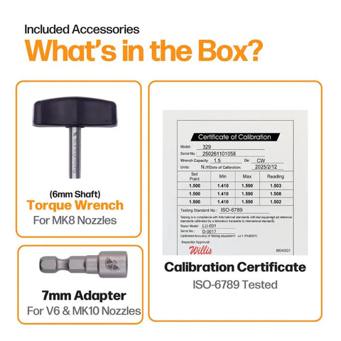 Box contents of 1.5 Nm Nozzle Torque Wrench For Mosquito Hotend - One-Handed Nozzle Changes shown with adapter and certificate.