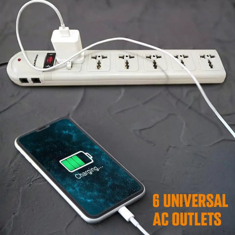 Workhorse Universal Power Strip With Six Outlets And Six Foot Cord 220 240V Surge Protector, phone charging, 6 AC outlets