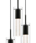 Three Light Kitchen Island Pendant In Matte Black Finish With Clear Glass Cylinder Shades And Bubble Crystal Orbs, LED Bulb Compatible
