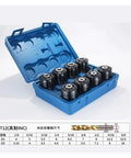 No Sweat Manual Tapping Machine Featuring Rock Solid Overload Protection And Fully Adjustable Depth For Flawless Ansi Tap Alignment In A Heavy Duty 9 Piece Collet Set in blue case with metric sizes.