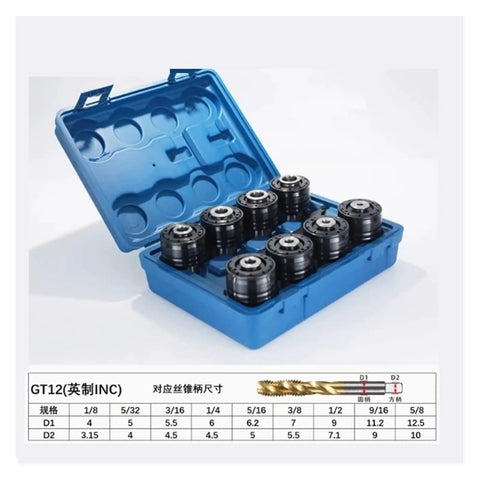 No Sweat Manual Tapping Machine Featuring Rock Solid Overload Protection And Fully Adjustable Depth For Flawless Ansi Tap Alignment In A Heavy Duty 9 Piece Collet Set in blue case with metric sizes.