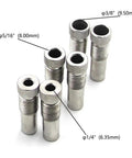 Removable bushings for Wide Capacity Self Centering Doweling Jig, sizes 1/4, 5/16, 3/8 inch, shown in silver metal.