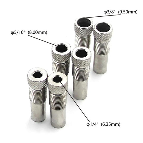 Removable bushings for Wide Capacity Self Centering Doweling Jig, sizes 1/4, 5/16, 3/8 inch, shown in silver metal.