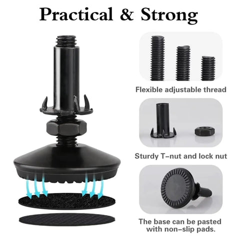 Heavy Duty Adjustable Furniture Leveling Feet pack of 4 solid steel glide legs with adjustable threads and non-slip base.