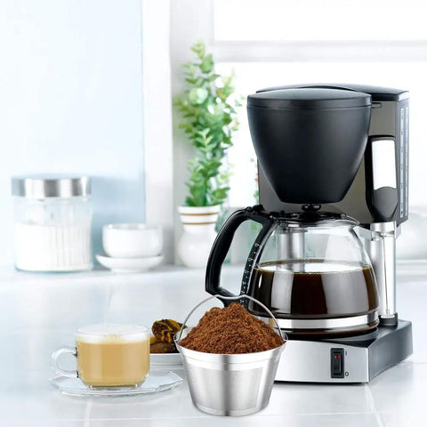 Reusable Stainless Steel Coffee Filter For Mr Coffee Makers, 4 To 6 Cup Basket, with ground coffee next to a drip coffee machine