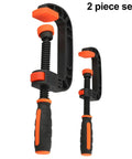 Two Piece Quick Release G Clamps Set For Woodworking With Plastic Jaw Bar Design Easy Trigger Mechanism in 2 inch and 3 inch sizes.