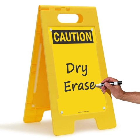 Blank Caution Folding Floor Sign 25 By 12 Inches Double Sided Dry Erase Plastic Sign With Built In Handle Write On Surface Grab And Go Portable Durable Great For Temporary Hazards And Safety Messages, yellow caution side