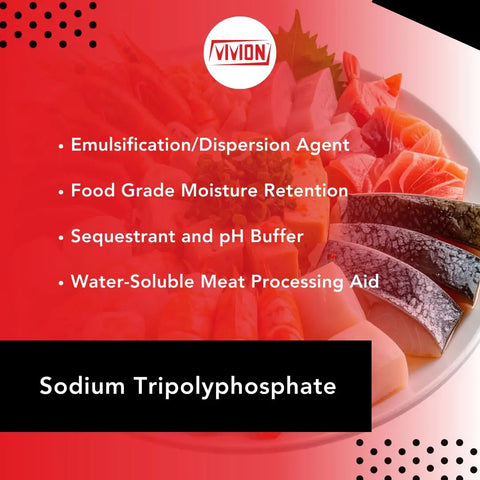 Plate of assorted meat cuts with text emphasizing benefits of Go-To Sodium Tripolyphosphate STPP Food Grade 5 Kg additive.