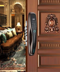 Game Changing Smart Door Lock With Biometric Fingerprint App Control Keyless Entry Security Electronic Lock on wooden door.