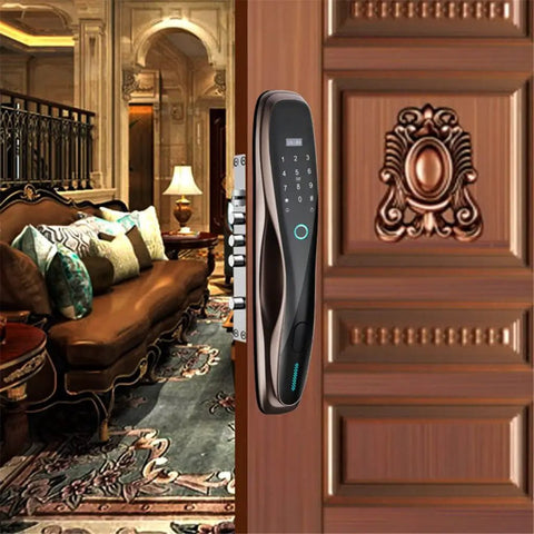 Game Changing Smart Door Lock With Biometric Fingerprint App Control Keyless Entry Security Electronic Lock on wooden door.