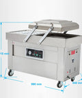 Heavy Duty Double Chamber Vacuum Sealer with stainless steel body for sealing meat, seafood, and veggies, dimensions 990mm x 540mm x 910mm.