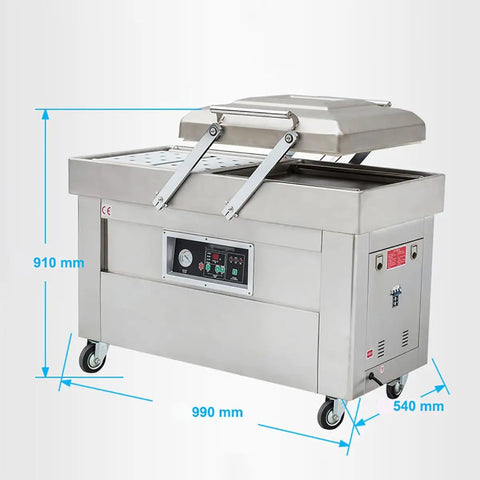 Heavy Duty Double Chamber Vacuum Sealer with stainless steel body for sealing meat, seafood, and veggies, dimensions 990mm x 540mm x 910mm.