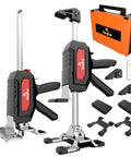 Two stainless steel labor-saving arm jacks with dual-speed descent; black/red housings, metal bases, orange carrying case