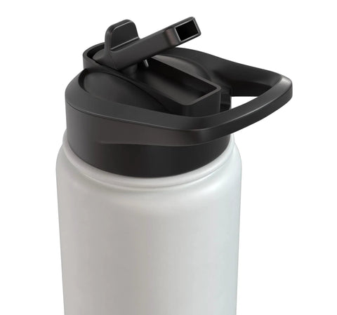 Close-up of Pilot Quote Aviate Stainless Steel Insulated Water Bottle with dual wall, leak proof flip lid, BPA free straw, white color