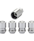 Chrome Wheel Lock Set Cone Seat With M12x1.5 Thread And 13/16 Inch Hex Key USA Made OEM Grade Wheel Security Kit visible with lug nuts