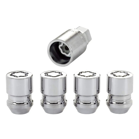 Chrome Wheel Lock Set Cone Seat With M12x1.5 Thread And 13/16 Inch Hex Key USA Made OEM Grade Wheel Security Kit visible with lug nuts