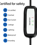 Level One Portable EV Charger 15 Amp 110 Volt With 21 Foot Extension Cord showing safety certifications and features