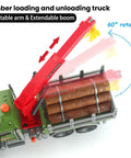 15 Inch Large Timber Log Truck With Loading Crane, showing rotatable arm and extendable boom, six wooden logs, clear angles