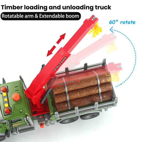 15 Inch Large Timber Log Truck With Loading Crane, showing rotatable arm and extendable boom, six wooden logs, clear angles
