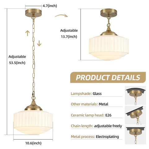 Lumraxsun Vintage Pendant Light Over Kitchen Glass Kitchen Pendant Light with adjustable chain, glass lampshade, gold metal details.