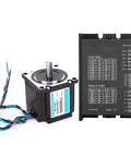 Front view of Nema 23 stepper motor with driver module and multi-colored cables, 24V 3A