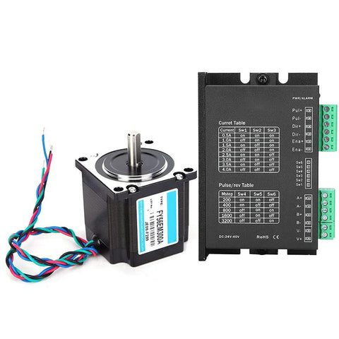 Front view of Nema 23 stepper motor with driver module and multi-colored cables, 24V 3A