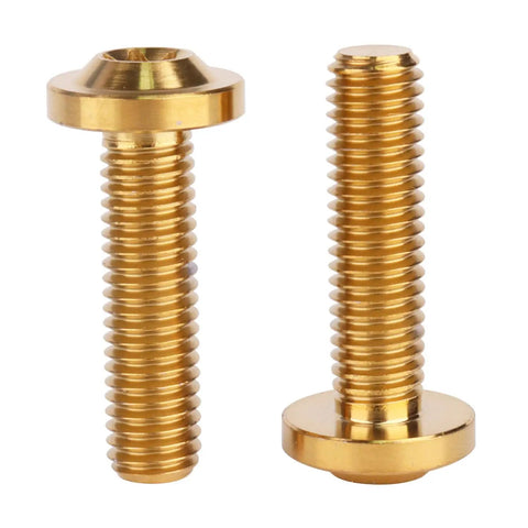 Top-Shelf Grade 5 Titanium M8x30mm Torx Head Bolts Screw Pack, Gold Anodized Fasteners For Custom Whip Mods And Slick Automotive Builds, High-Octane Strength, T40 Torx, Set Of Four - close-up view of two bolts.