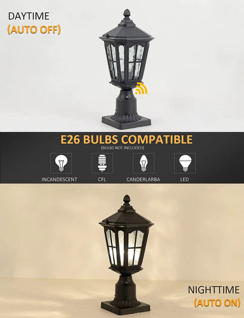 Outdoor Post Light With 3 Inch Pier Mount Base, 17 Inch High Exterior Fixture, shown in day (off) and night (on) modes.