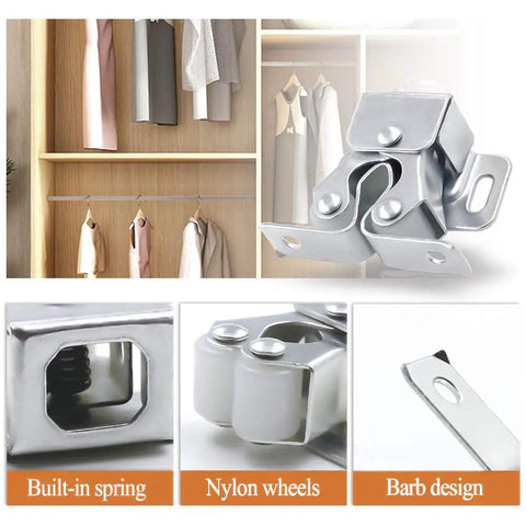 10 Pack Double Roller Catch Cabinet Latches with spear strike, close-up of nylon wheels and built-in spring details.