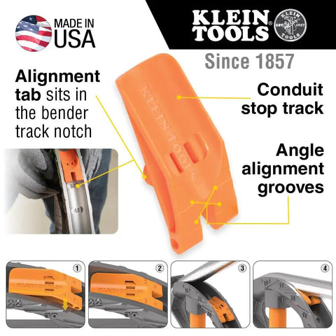Diagram of Klein Tools alignment tab for Aluminum Conduit Bender With Angle Setter And Wide Foot Pedal For 3/4-Inch EMT And 1/2-Inch Rigid.