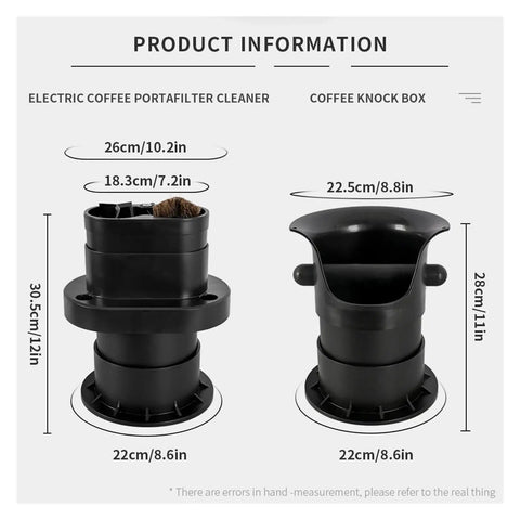 No Sweat Heavy Duty Electric Coffee Knock Box With Automatic Ground Disposal For Large Capacity Espresso Bars and dimensions shown.