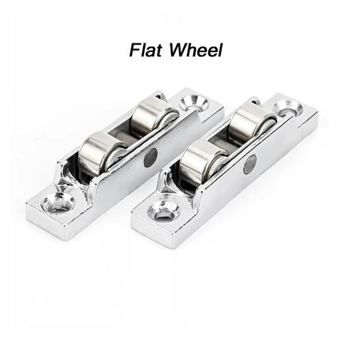 Heavy Duty Zinc Alloy Sliding Door Pulleys With Double Wheel Track Rollers, shiny flat wheels for smooth gliding and durability.